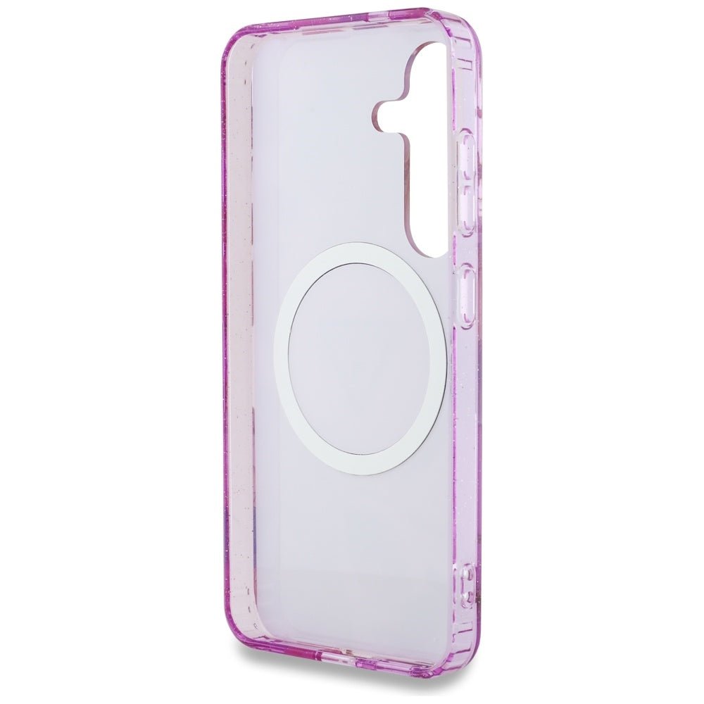 Guess Samsung Galaxy S25 - Glitter Flowers Triangle Buttons MagSafe - Σκληρή Θήκη με Πλαίσιο Σιλικόνης - Purple - GUHMS25SHFLPEDU