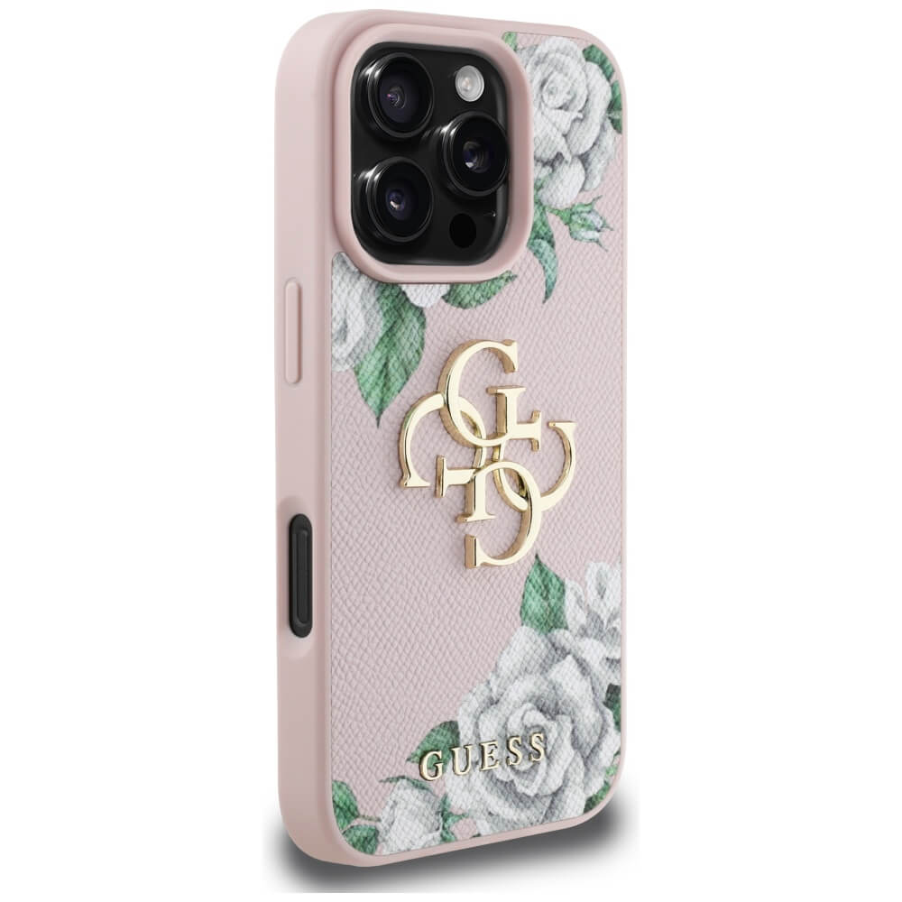 Guess iPhone 16 Pro - Grained Roses Big 4G Logo - Σκληρή Θήκη με Επένδυση από Οικολογικό Δέρμα - Pink - GUHCP16LPGROP4MP