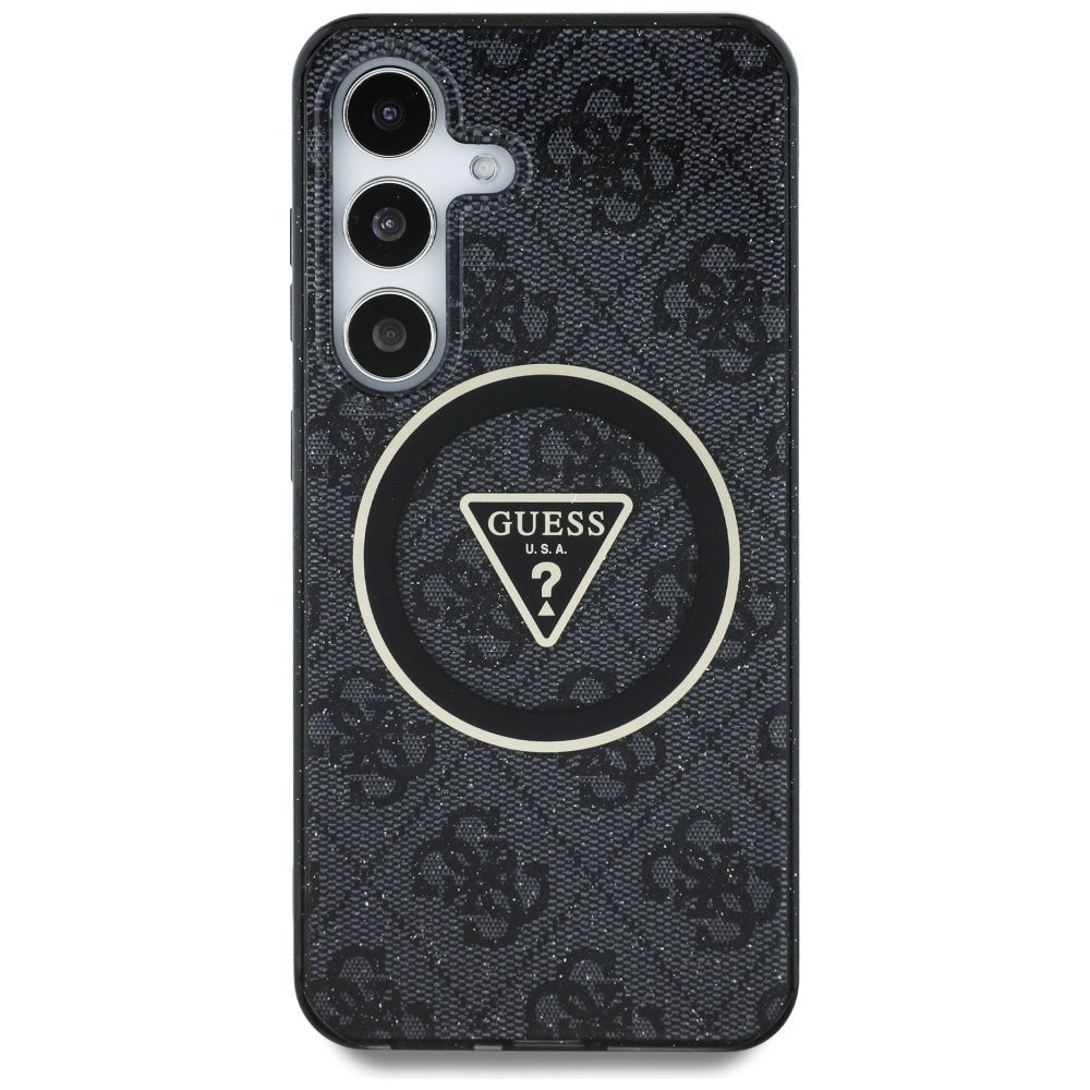 Guess Samsung Galaxy S25 - 4G Glitter Triangle Buttons - MagSafe Σκληρή Θήκη με Πλαίσιο Σιλικόνης - Black - GUHMS25SHG4PRTGK
