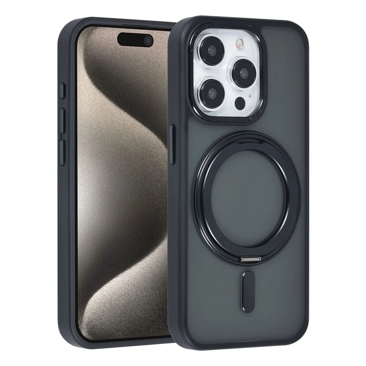 Tuniq iPhone 15 Pro - Σκληρή MagSafe Θήκη με Περιστρεφόμενο Δαχτυλίδι Συγκράτησης - Μαύρο