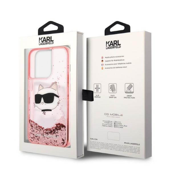 Karl Lagerfeld iPhone 14 Pro Max - Liquid Glitter Choupette's Head Σκληρή Θήκη με Πλαίσιο Σιλικόνης - Pink - KLHCP14XLNCHCP