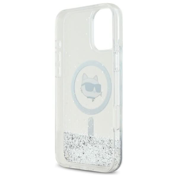 Karl Lagerfeld iPhone 16 - Liquid Glitter Choupette Head MagSafe - Σκληρή Θήκη με Πλαίσιο Σιλικόνης - Διάφανη - KLHMP16SLGCHSGH