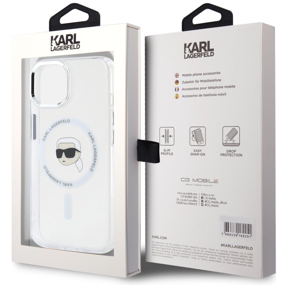 Karl Lagerfeld iPhone 15 - IML Metal Karl Head - MagSafe Σκληρή Θήκη με Πλαίσιο Σιλικόνης - White - KLHMP15SHLSKIH