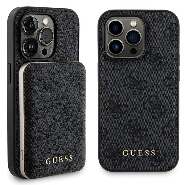 Guess iPhone 15 Pro Max - 4G Metal Logo Σετ MagSafe Σκληρή Θήκη με Επένδυση Συνθετικού Δέρματος και Powerbank 5000mAh - Black - GUBPM5P15X4GEMGK