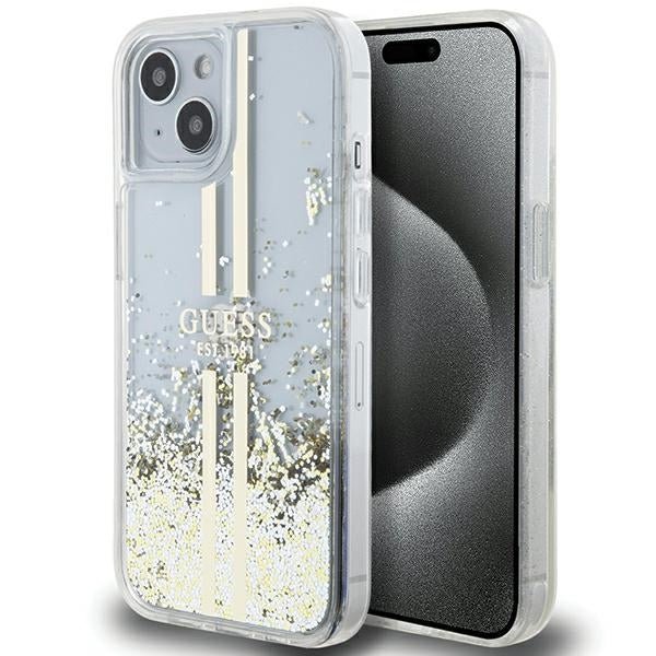 Guess iPhone 15 Liquid Glitter Gold Stripes Σκληρή Θήκη με Πλαίσιο Σιλικόνης - Διάφανη - GUHCP15SLFCSEGT