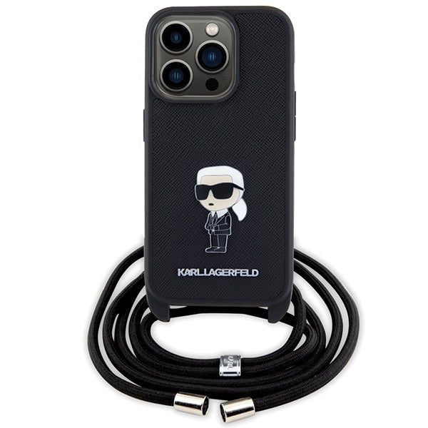 Karl Lagerfeld iPhone 15 Pro - Crossbody Saffiano Monogram Metal Pin Karl Choupette Σκληρή Θήκη με Επένδυση Συνθετικού Δέρματος και Λουράκι - Black - KLHCP15LSASKNPSK