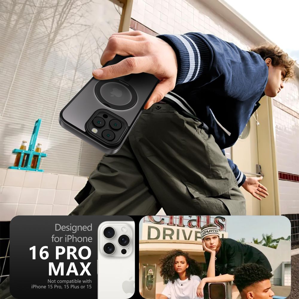 Tech - Protect iPhone 16 Pro Max MagRing - Σκληρή MagSafe Θήκη με Περιστρεφόμενο Δαχτυλίδι Συγκράτησης / Stand - Matte Black / Ημιδιάφανη