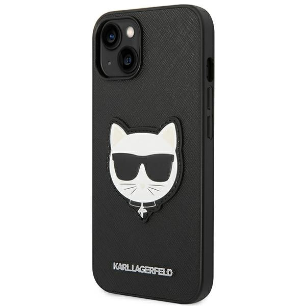 Karl Lagerfeld iPhone 14 - Saffiano Choupette Head Patch Σκληρή Θήκη με Επένδυση Συνθετικού Δέρματος και Πλαίσιο Σιλικόνης - Black - KLHCP14SSAPCHK