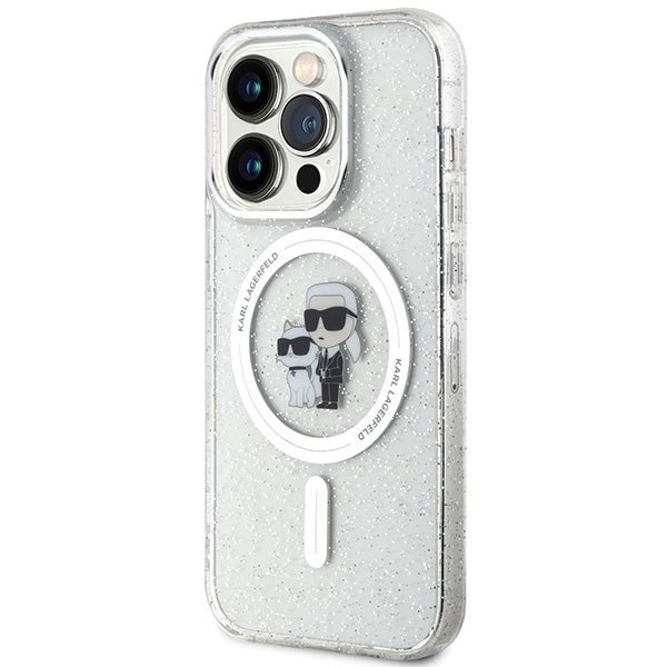 Karl Lagerfeld iPhone 15 Pro - Karl and Choupette Glitter Magsafe Σκληρή Θήκη με Πλαίσιο Σιλικόνης και MagSafe - Διάφανη - KLHMP15LHGKCNOT