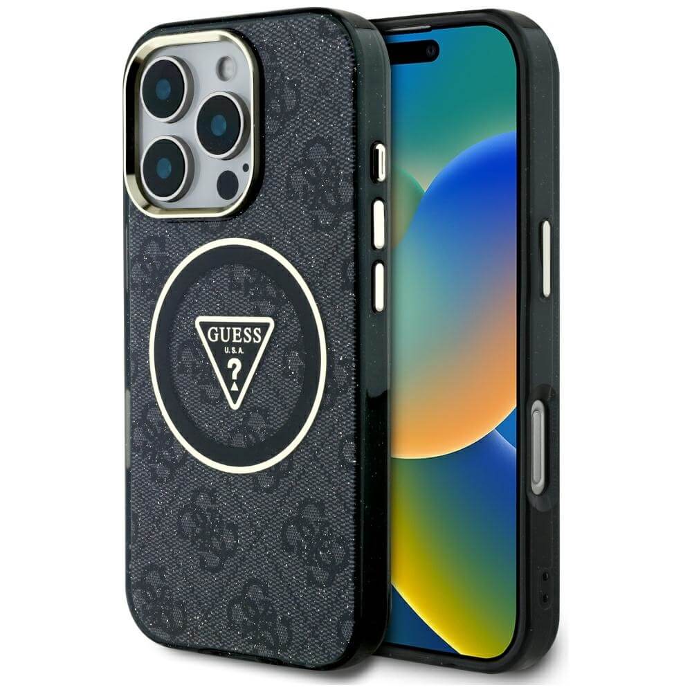 Guess iPhone 16 Pro Max - IML Metal Glitter 4G Circle Triangle MagSafe - Σκληρή Θήκη με Πλαίσιο Σιλικόνης και MagSafe - Black - GUHMP16XHG4PRTGK