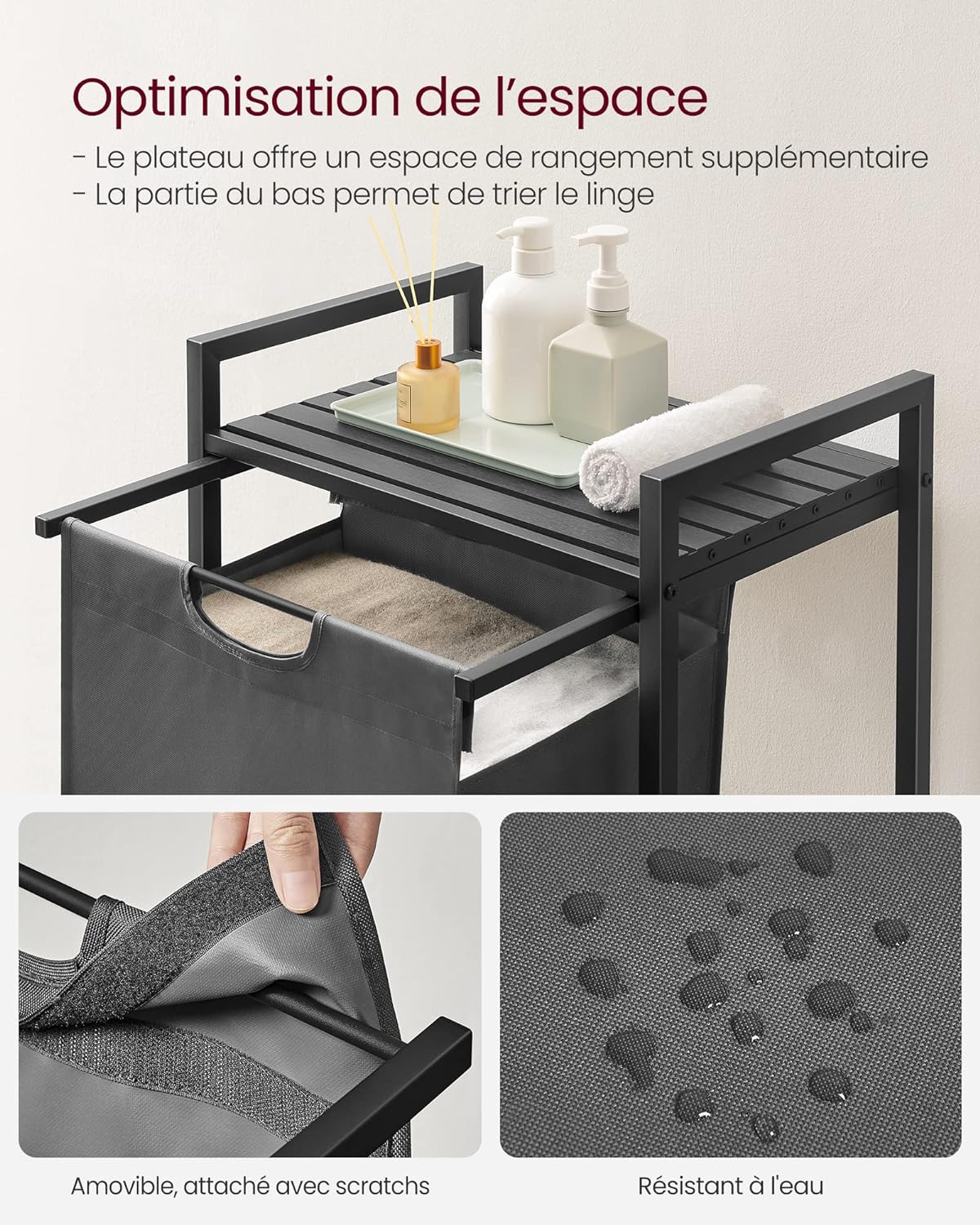 Vasagle Καλάθι Απλύτων με Ράφι - 65L - Black / Grey - BLH101G01