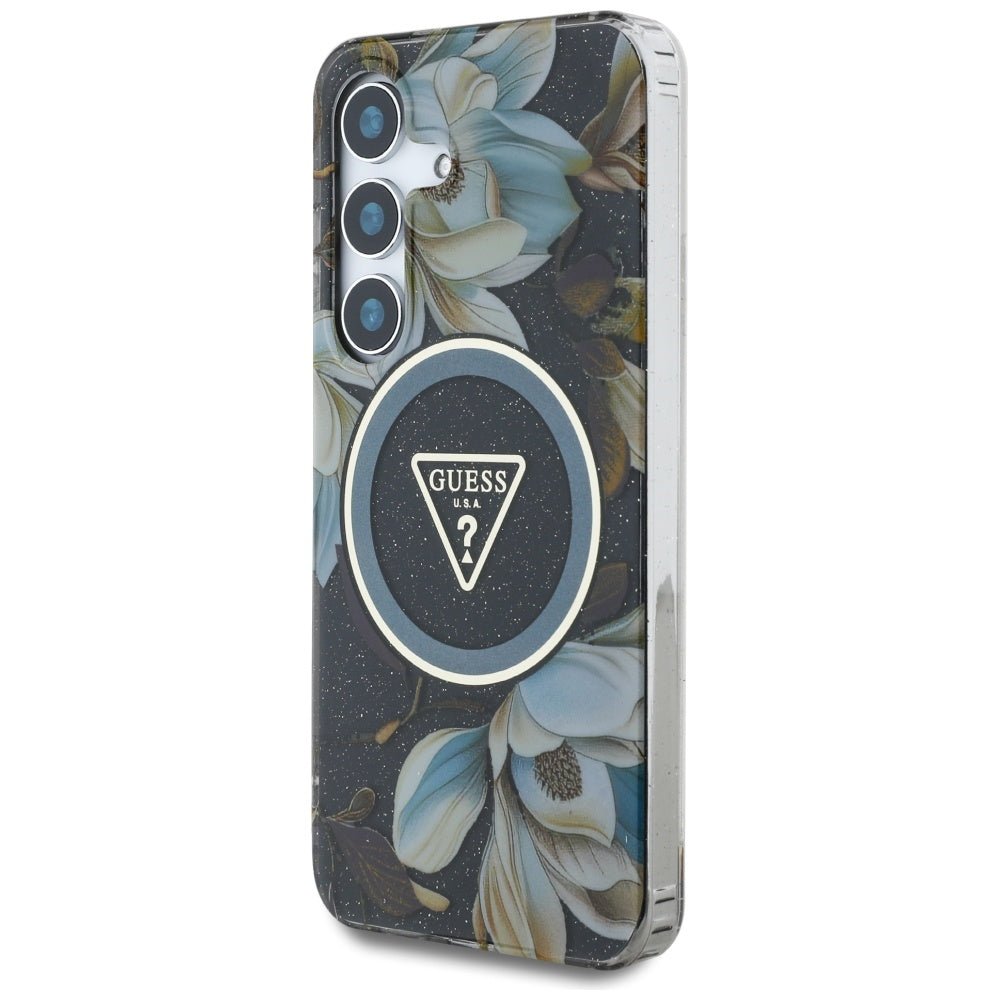 Guess Samsung Galaxy S25 - Glitter Flowers Triangle Buttons MagSafe - Σκληρή Θήκη με Πλαίσιο Σιλικόνης - Black - GUHMS25SHFLPEDK