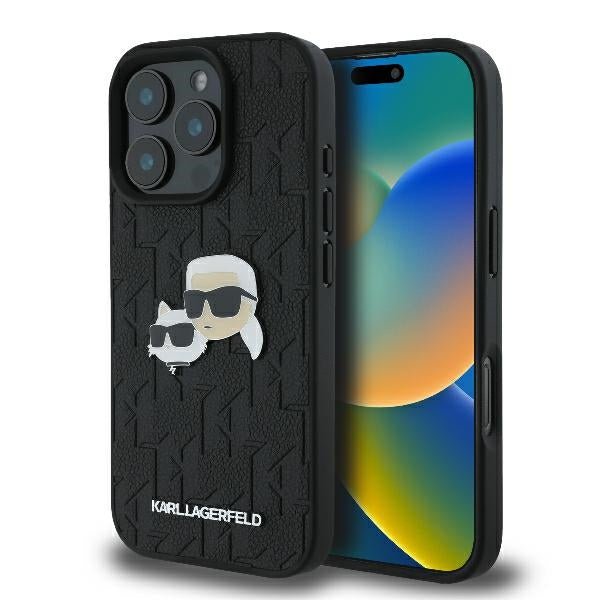 Karl Lagerfeld iPhone 16 Pro - Monogram Karl and Choupette Head Pin Σκληρή Θήκη με Επένδυση Συνθετικού Δέρματος - Black - KLHCP16LPGKLKCPK