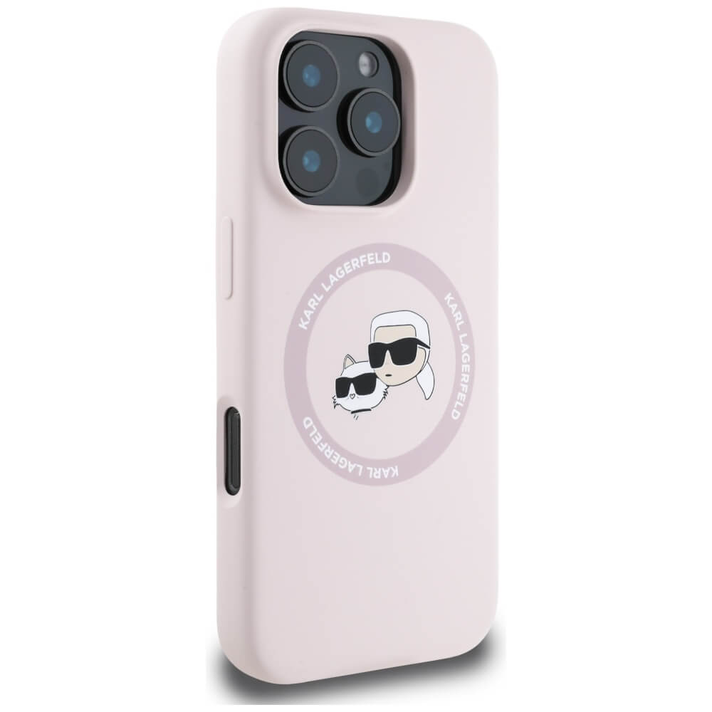 Karl Lagerfeld iPhone 16 Pro - Silicone Double Heads and Circle - Σκληρή Θήκη Σιλικόνης με MagSafe - Pink - KLHMP16LSKCHTCP