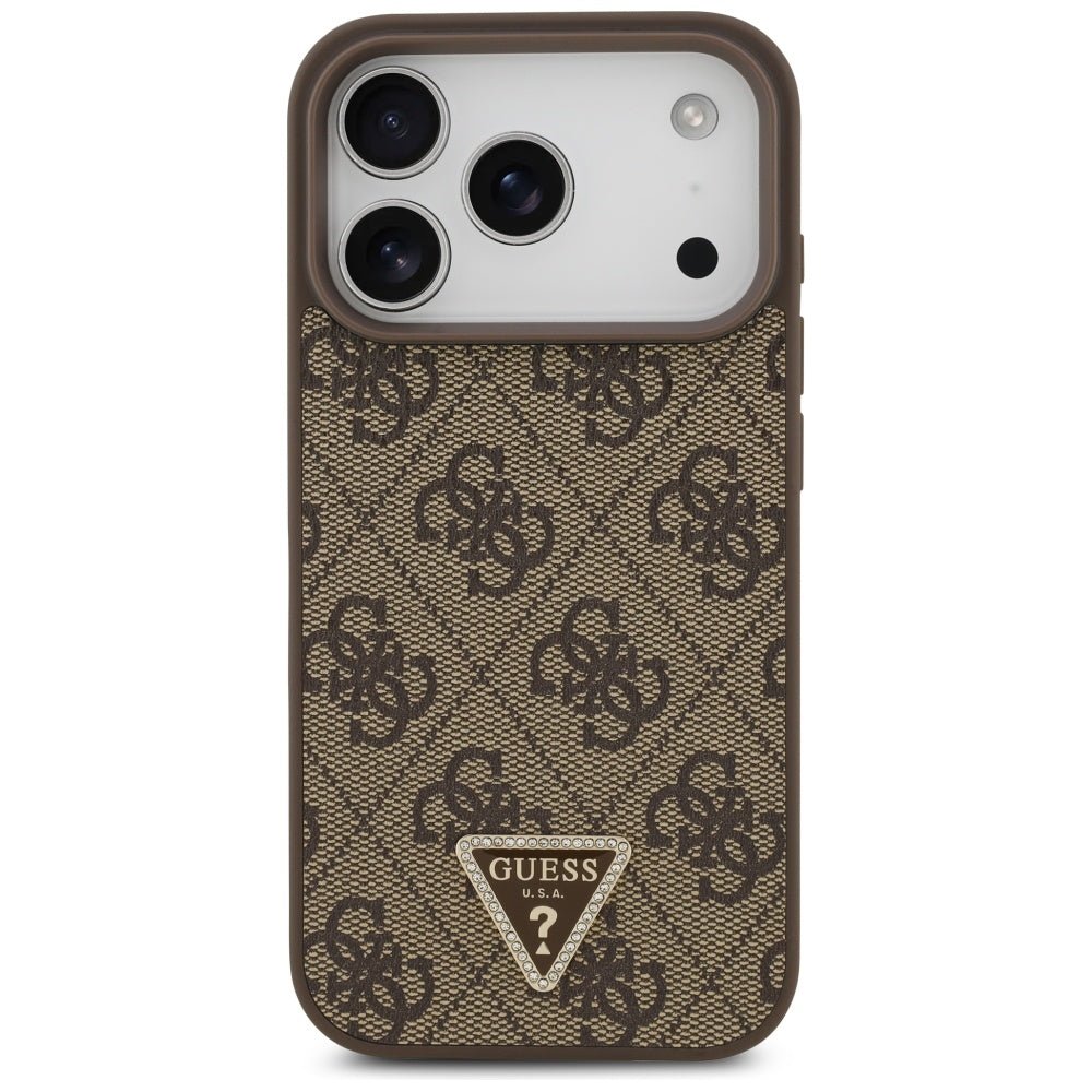 Guess iPhone 17 Pro - 4G Triangle Strass MagSafe - Σκληρή Θήκη με Επένδυση Συνθετικού Δέρματος - Brown - GUHMP17LP4TDPLW