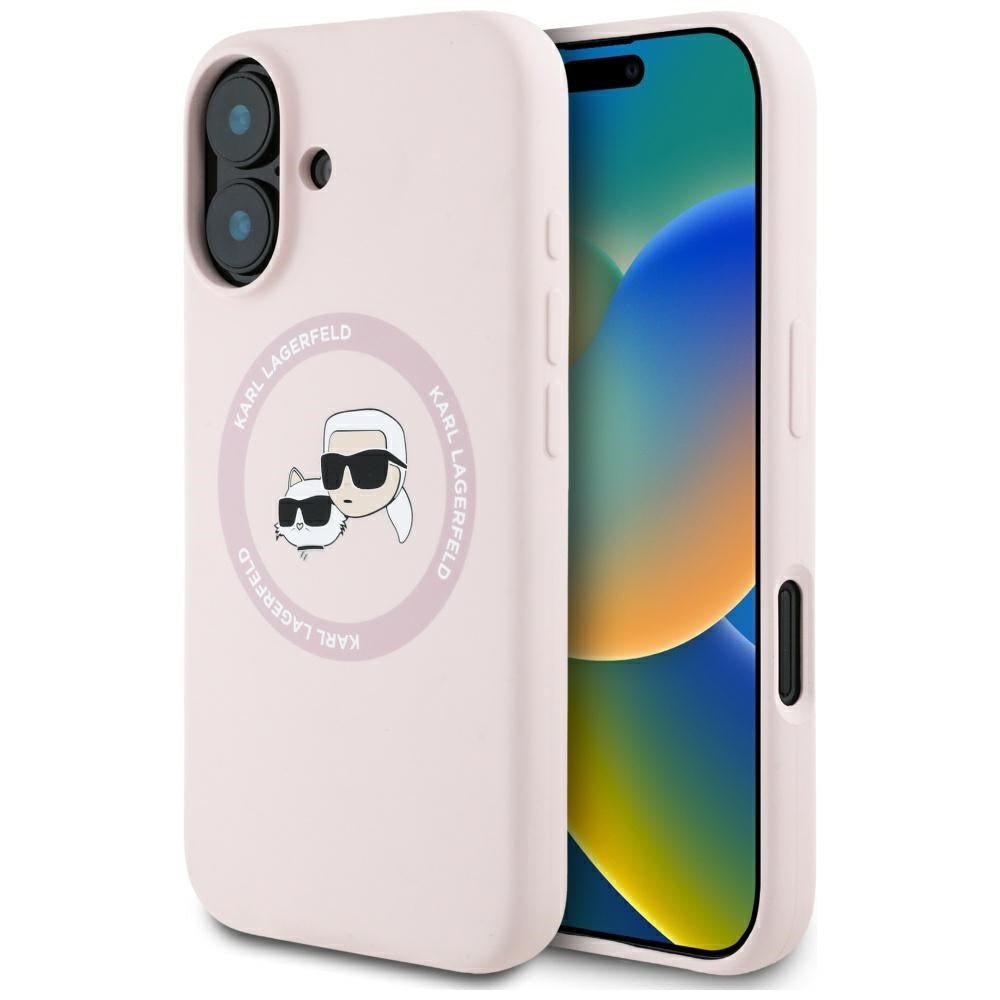 Karl Lagerfeld iPhone 16 - Silicone Double Heads and Circle - Σκληρή Θήκη Σιλικόνης με MagSafe - Pink - KLHMP16SSKCHTCP