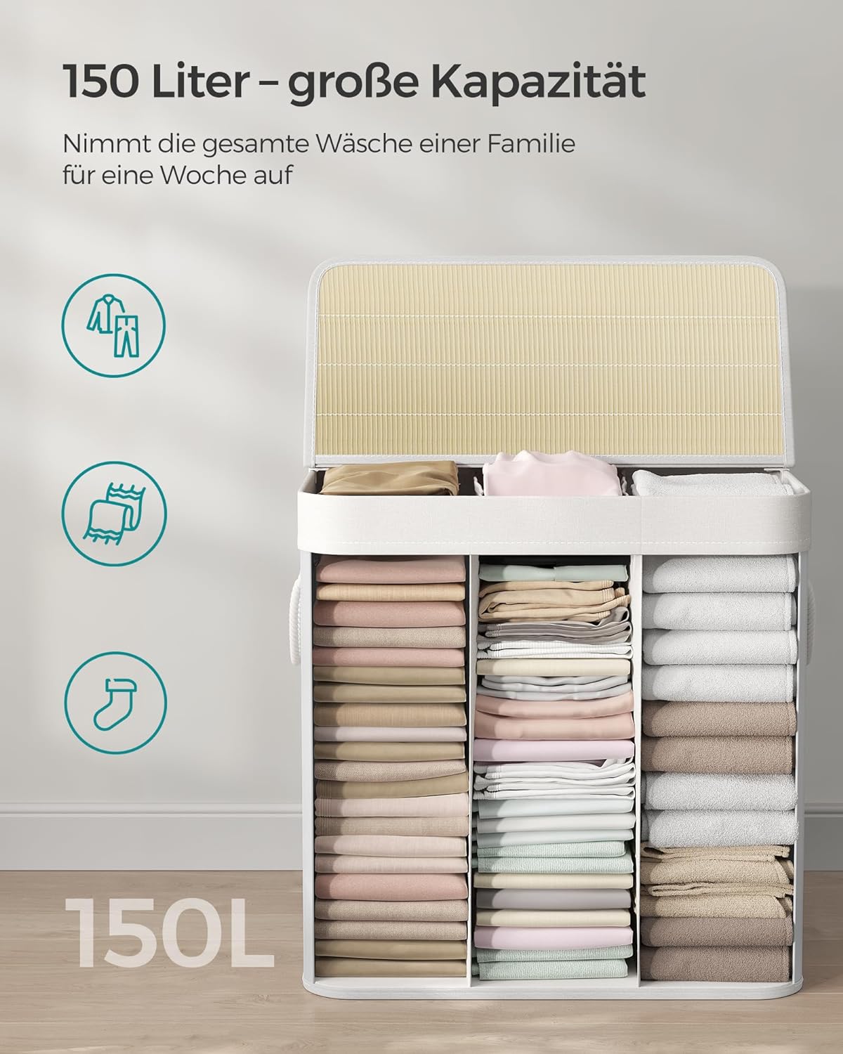 Songmics Καλάθι Απλύτων από Μπαμπού με 3 Διαμερίσματα - 150L - White - LCB091W01