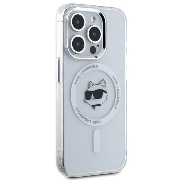 Karl Lagerfeld iPhone 15 Pro Max - IML Metal Choupette Head - MagSafe Σκληρή Θήκη με Πλαίσιο Σιλικόνης - White - KLHMP15XHLSCHH