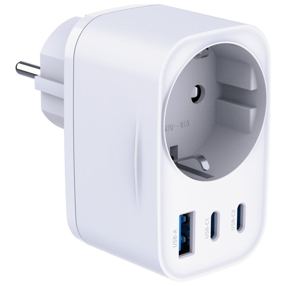 3MK Adapter Hyper Comfort 30W PD Οικιακός Φορτιστής Γρήγορης Φόρτισης με 1 Θύρα USB και 2 Θύρες Type - C και 1 Πρίζα Schuko - White