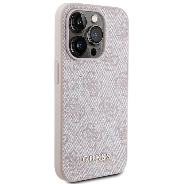 Guess iPhone 15 Pro - 4G Metal Gold Logo Σκληρή Θήκη με Επένδυση Συνθετικού Δέρματος - Pink - GUHCP15LG4GFPI