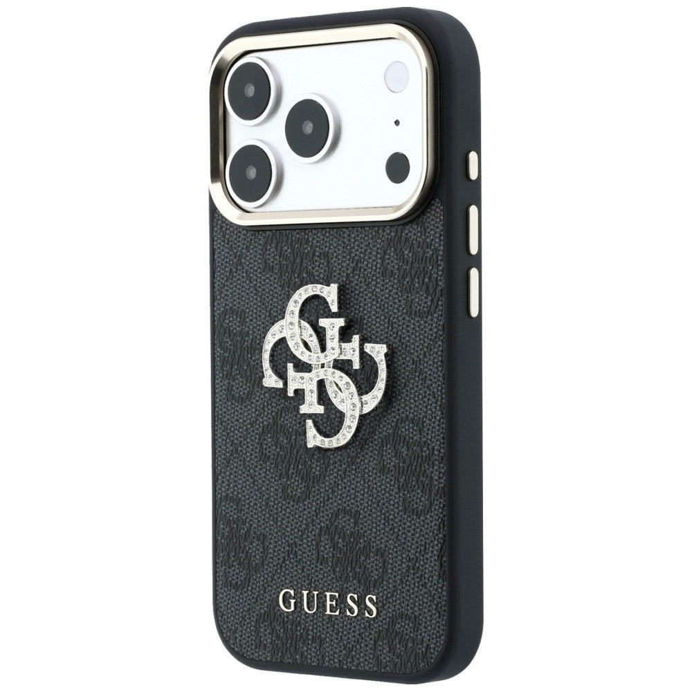 Guess iPhone 18 Pro Max / iPhone 17 Pro Max - Σκληρή Θήκη με Πλαίσιο Σιλικόνης και Επένδυση από Οικολογικό Δέρμα - 4G and Big Strass Logo - Black