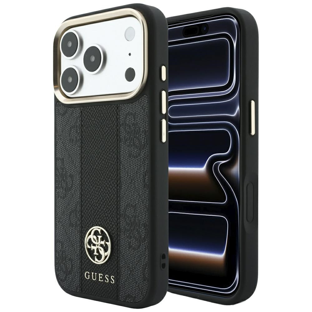 Guess iPhone 18 Pro Max / iPhone 17 Pro Max - Σκληρή Θήκη με Πλαίσιο Σιλικόνης και Επένδυση Συνθετικού Δέρματος MagSafe - 4G with Stripe Round and Classic Logos - Black