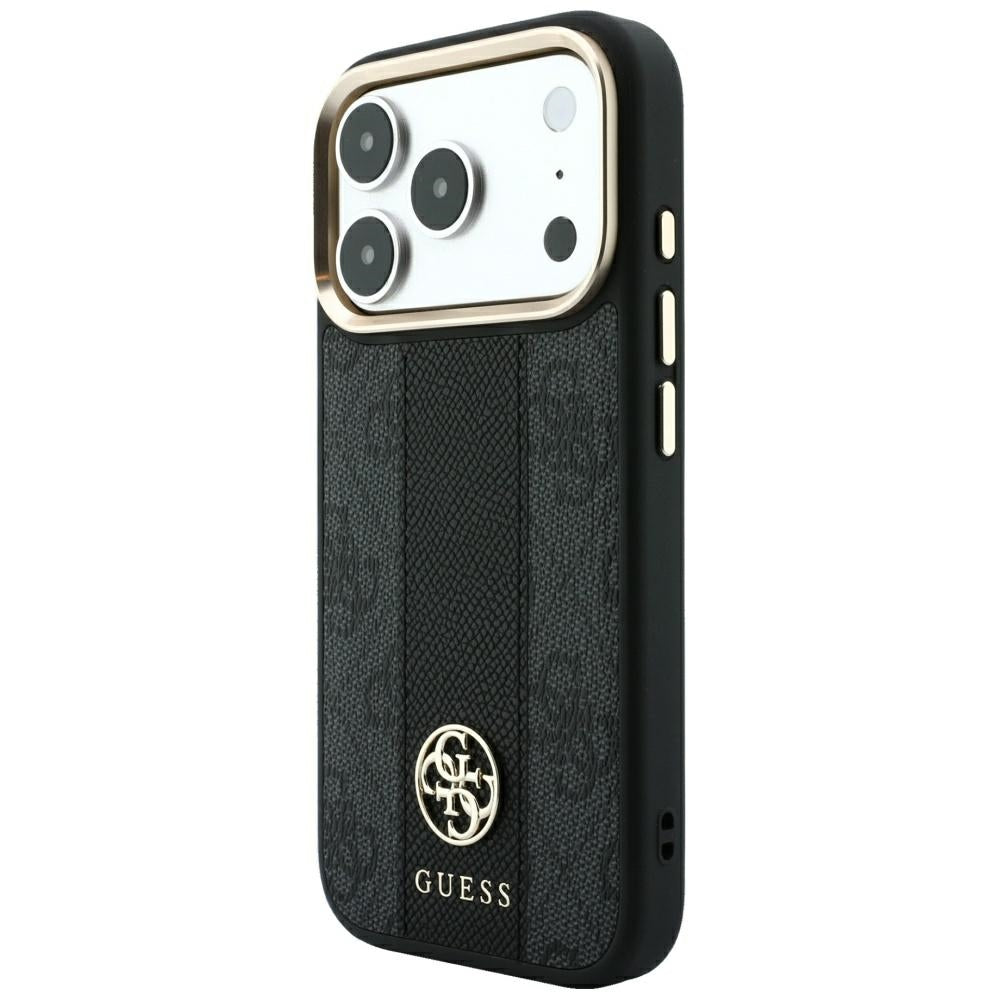 Guess iPhone 18 Pro Max / iPhone 17 Pro Max - Σκληρή Θήκη με Πλαίσιο Σιλικόνης και Επένδυση Συνθετικού Δέρματος MagSafe - 4G with Stripe Round and Classic Logos - Black