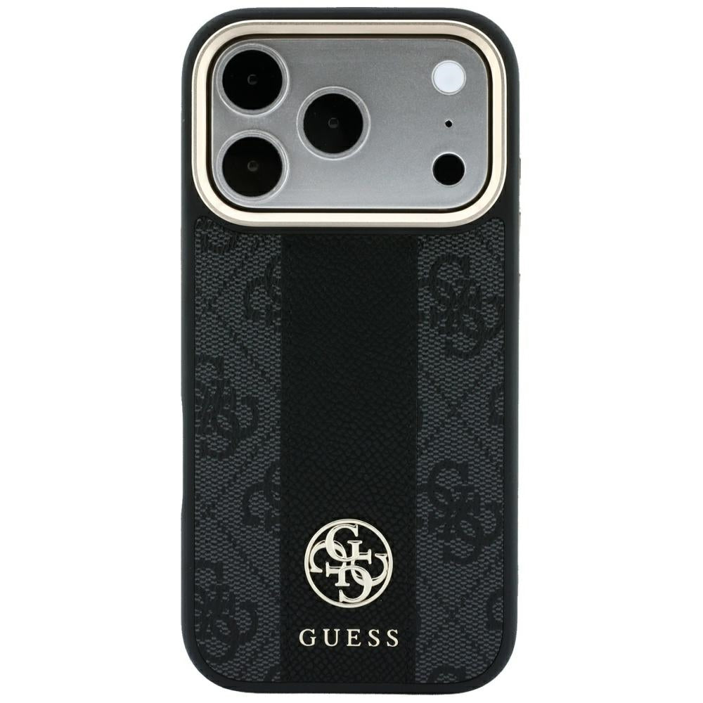 Guess iPhone 18 Pro Max / iPhone 17 Pro Max - Σκληρή Θήκη με Πλαίσιο Σιλικόνης και Επένδυση Συνθετικού Δέρματος MagSafe - 4G with Stripe Round and Classic Logos - Black