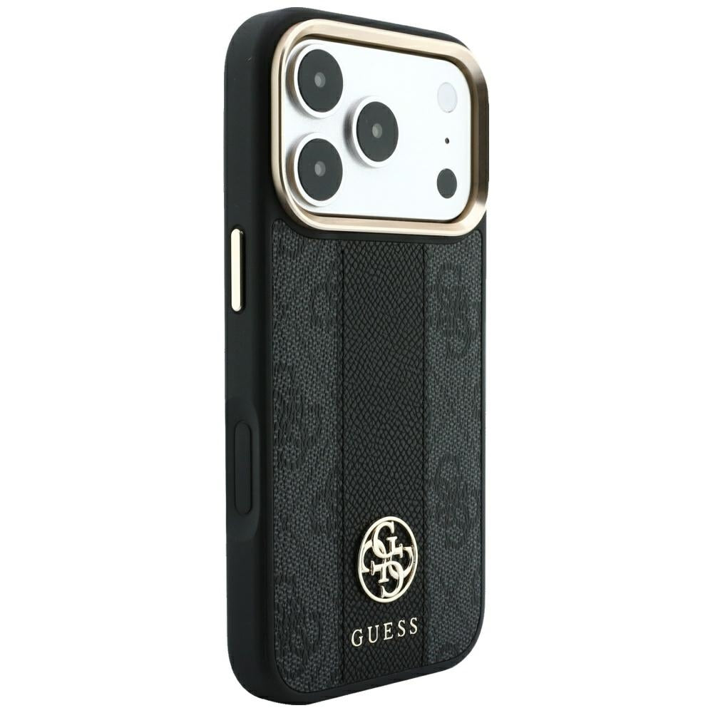 Guess iPhone 18 Pro Max / iPhone 17 Pro Max - Σκληρή Θήκη με Πλαίσιο Σιλικόνης και Επένδυση Συνθετικού Δέρματος MagSafe - 4G with Stripe Round and Classic Logos - Black