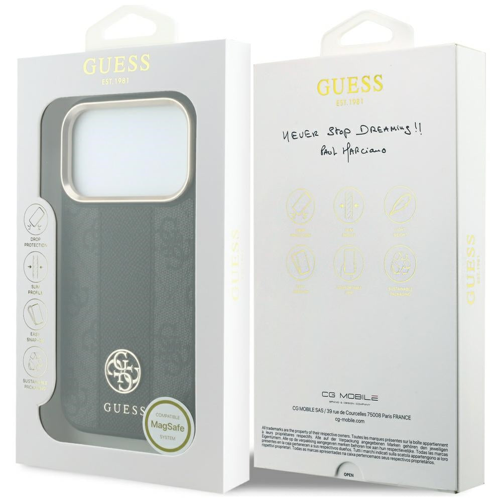Guess iPhone 18 Pro Max / iPhone 17 Pro Max - Σκληρή Θήκη με Πλαίσιο Σιλικόνης και Επένδυση Συνθετικού Δέρματος MagSafe - 4G with Stripe Round and Classic Logos - Black