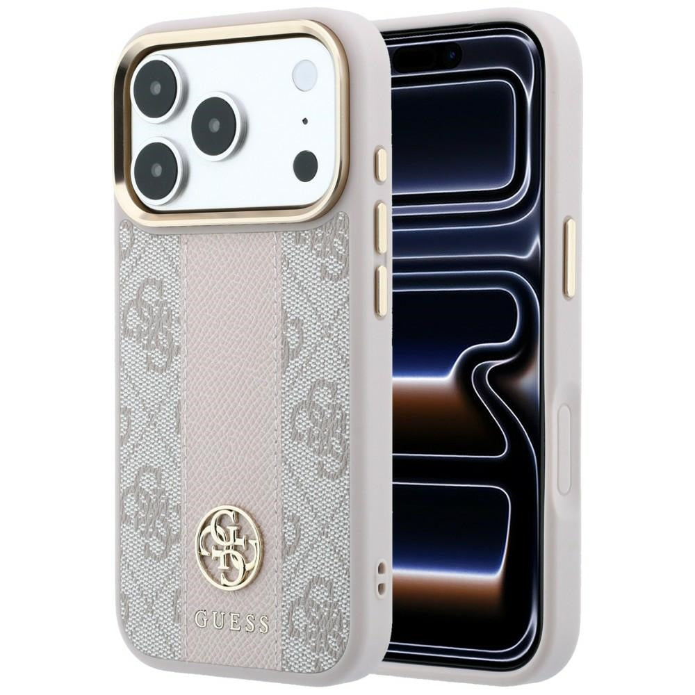 Guess iPhone 17 Pro / iPhone 18 Pro - Σκληρή Θήκη με Πλαίσιο Σιλικόνης και Επένδυση Συνθετικού Δέρματος - 4G with Stripe Round and Classic Logos MagSafe - Pink