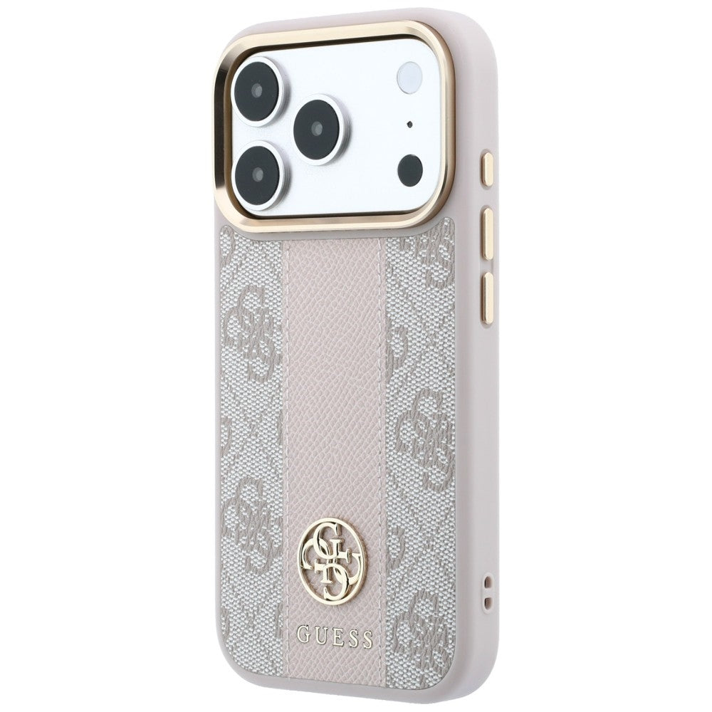 Guess iPhone 17 Pro / iPhone 18 Pro - Σκληρή Θήκη με Πλαίσιο Σιλικόνης και Επένδυση Συνθετικού Δέρματος - 4G with Stripe Round and Classic Logos MagSafe - Pink