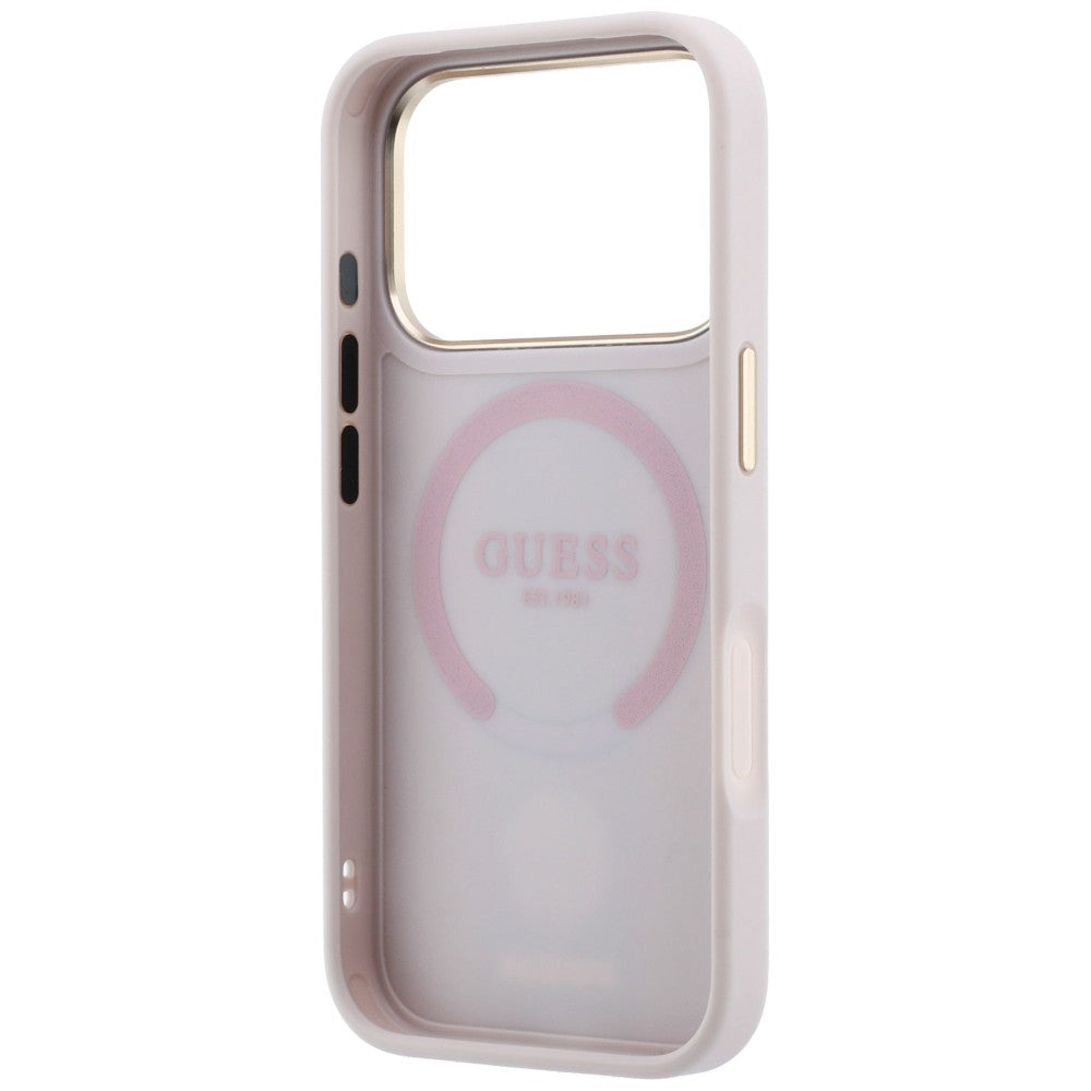 Guess iPhone 17 Pro / iPhone 18 Pro - Σκληρή Θήκη με Πλαίσιο Σιλικόνης και Επένδυση Συνθετικού Δέρματος - 4G with Stripe Round and Classic Logos MagSafe - Pink