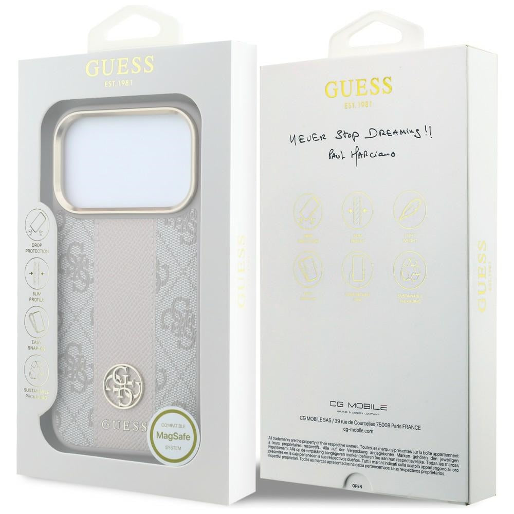 Guess iPhone 17 Pro / iPhone 18 Pro - Σκληρή Θήκη με Πλαίσιο Σιλικόνης και Επένδυση Συνθετικού Δέρματος - 4G with Stripe Round and Classic Logos MagSafe - Pink