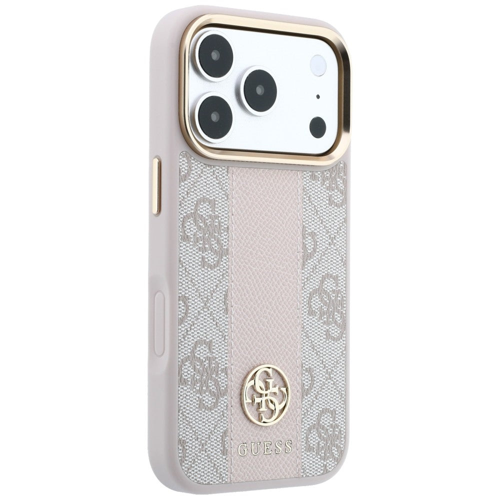 Guess iPhone 17 Pro Max / iPhone 18 Pro Max - Σκληρή Θήκη με Πλαίσιο Σιλικόνης και Επένδυση Συνθετικού Δέρματος - 4G with Stripe Round and Classic Logos MagSafe - Pink