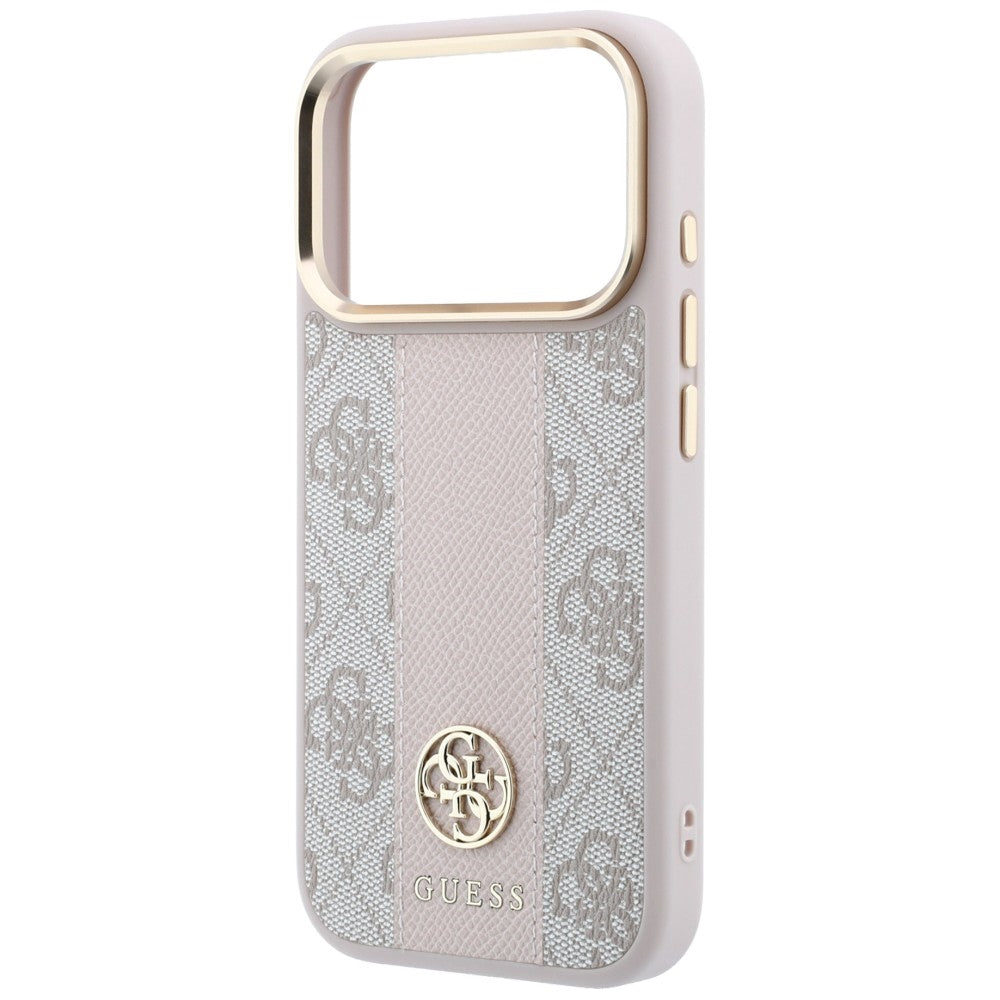 Guess iPhone 17 Pro Max / iPhone 18 Pro Max - Σκληρή Θήκη με Πλαίσιο Σιλικόνης και Επένδυση Συνθετικού Δέρματος - 4G with Stripe Round and Classic Logos MagSafe - Pink