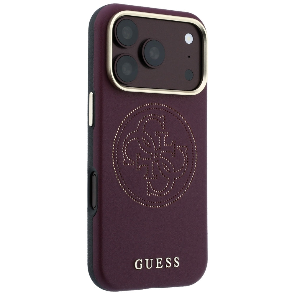 Guess iPhone 18 Pro / iPhone 17 Pro - Θήκη με Επένδυση Συνθετικού Δέρματος MagSafe - Perforated 4G Gold Logo - Burgundy