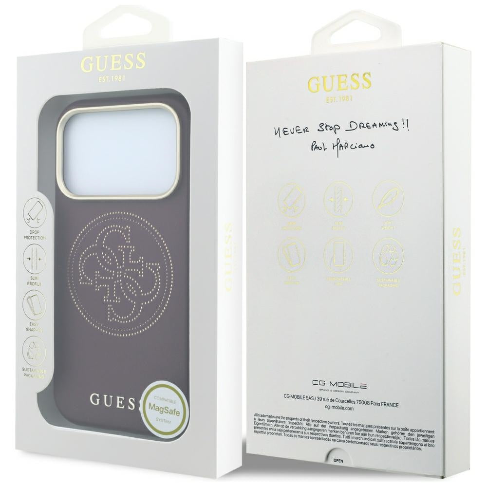 Guess iPhone 18 Pro Max / iPhone 17 Pro Max - Θήκη με Επένδυση Συνθετικού Δέρματος MagSafe - Perforated 4G Gold Logo - Burgundy