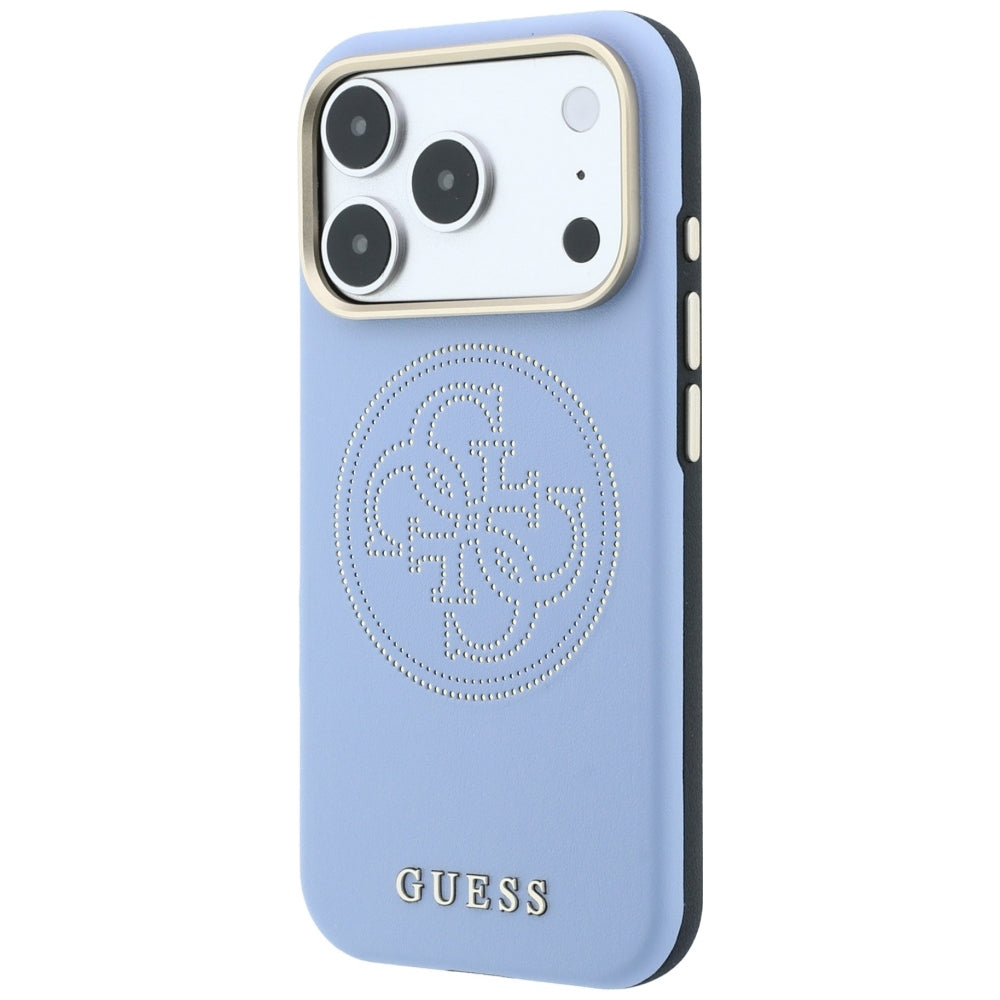 Guess iPhone 18 Pro / iPhone 17 Pro - Θήκη με Επένδυση Συνθετικού Δέρματος MagSafe - Perforated 4G Gold Logo - Light Blue