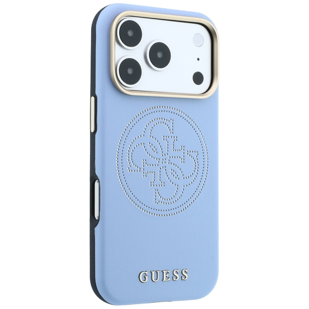 Guess iPhone 18 Pro / iPhone 17 Pro - Θήκη με Επένδυση Συνθετικού Δέρματος MagSafe - Perforated 4G Gold Logo - Light Blue