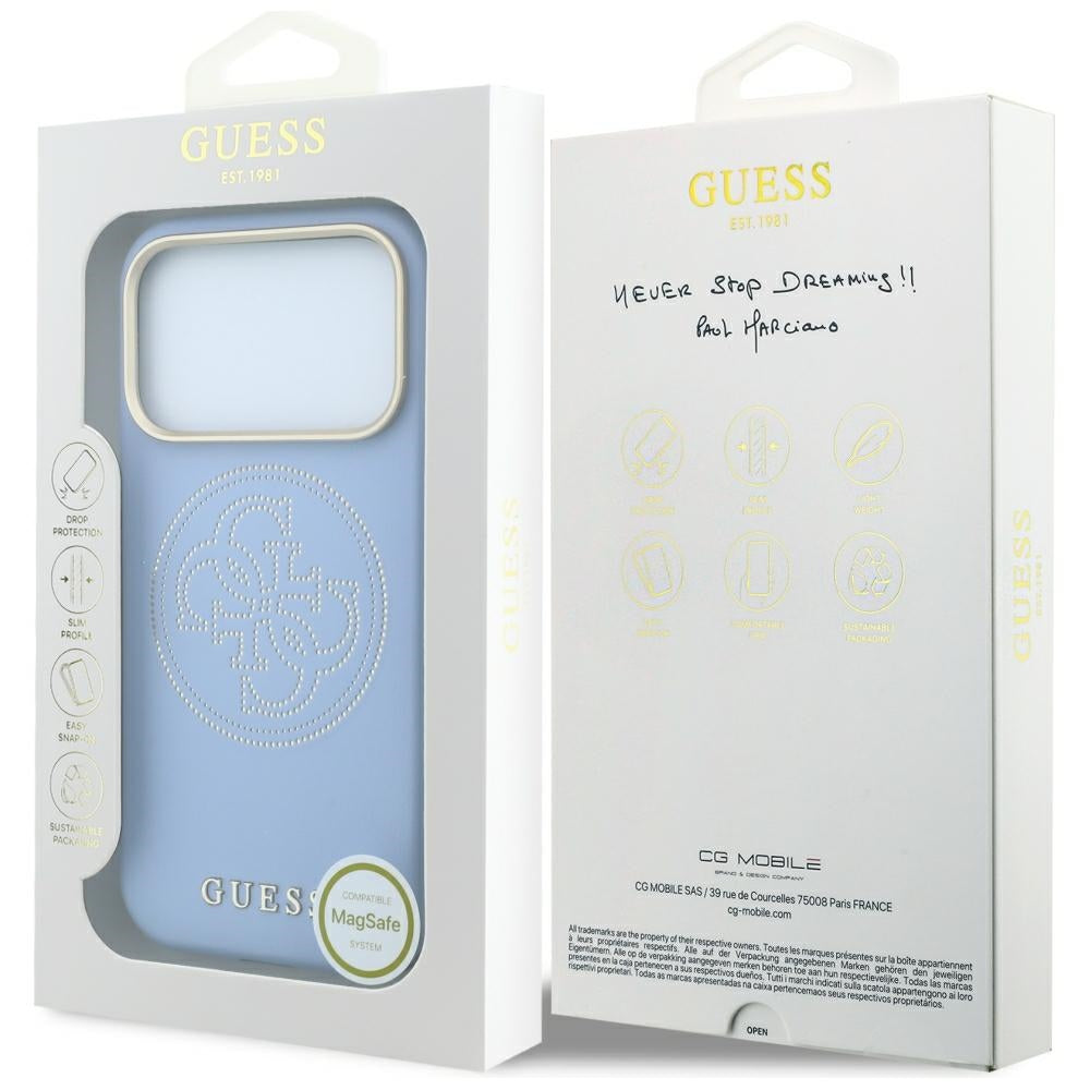 Guess iPhone 18 Pro / iPhone 17 Pro - Θήκη με Επένδυση Συνθετικού Δέρματος MagSafe - Perforated 4G Gold Logo - Light Blue