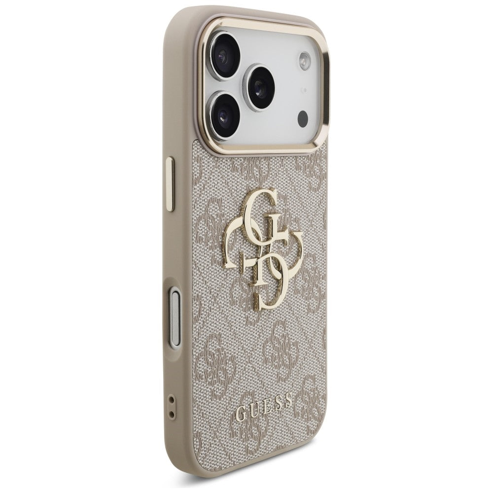 Guess iPhone 18 Pro / iPhone 17 Pro - Σκληρή Θήκη με Πλαίσιο Σιλικόνης και Επένδυση από Οικολογικό Δέρμα - 4G Big 4G Classic Logo - Pink / Gold