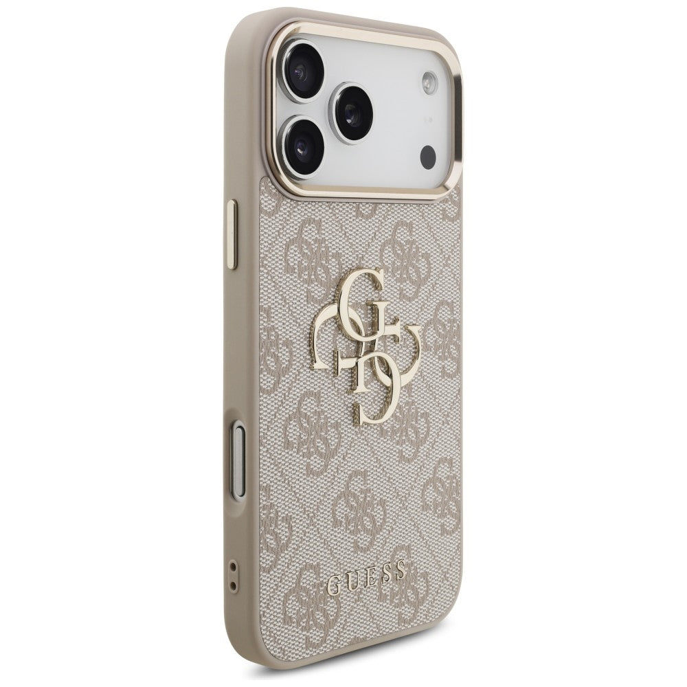 Guess iPhone 17 Pro Max / iPhone 18 Pro Max - Σκληρή Θήκη με Πλαίσιο Σιλικόνης και Επένδυση από Οικολογικό Δέρμα - 4G Big 4G Classic Logo - Pink / Gold - GUHCP18X4GMGCPI