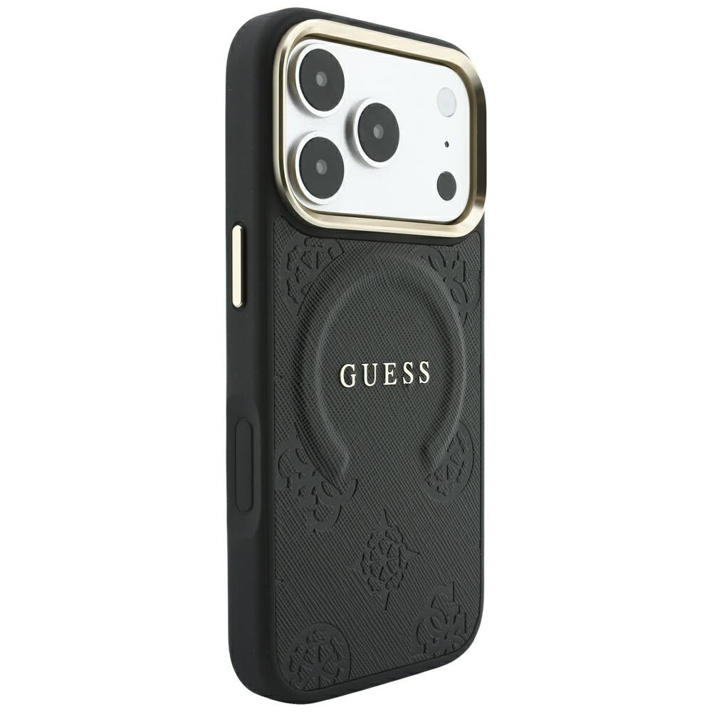 Guess iPhone 18 Pro Max / iPhone 17 Pro Max - Σκληρή Θήκη με Επένδυση Συνθετικού Δέρματος MagSafe - Saffiano Peony and Ring - Black