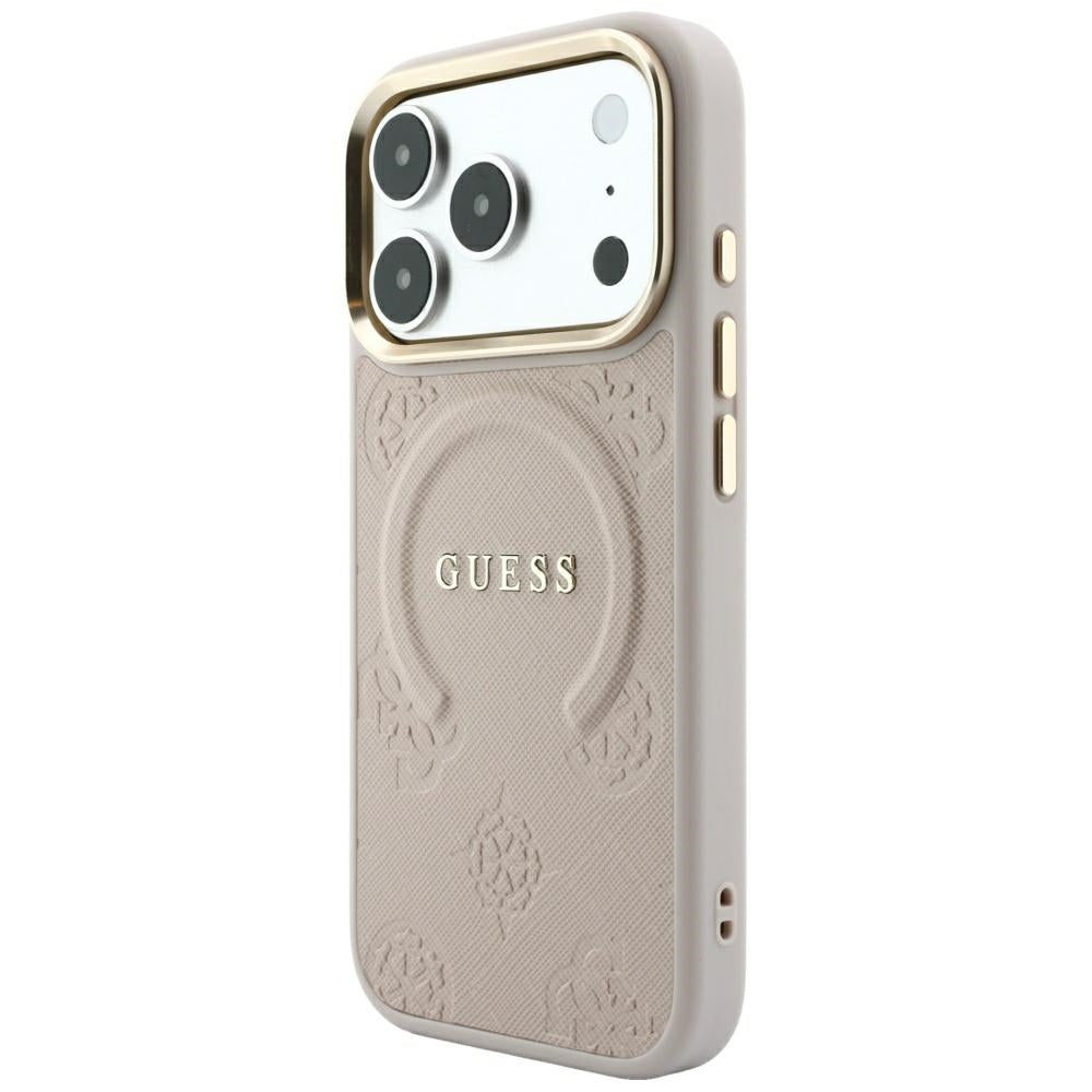 Guess iPhone 18 Pro / iPhone 17 Pro - Σκληρή Θήκη με Επένδυση Συνθετικού Δέρματος MagSafe - Saffiano Peony and Ring - Pink