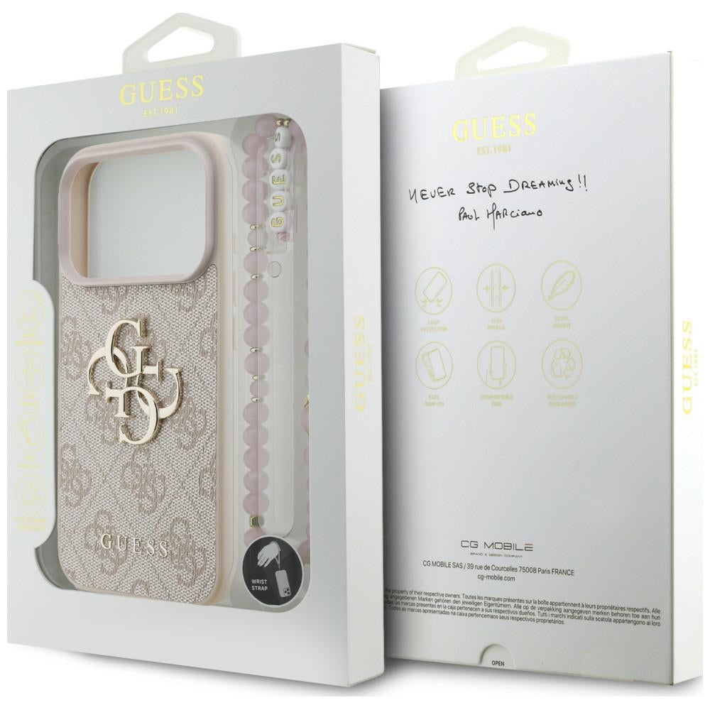 Guess iPhone 18 Pro / iPhone 17 Pro - Σκληρή Θήκη με Επένδυση Συνθετικού Δέρματος και Λουράκι - 4G Strap 4G Classic Logo - Pink