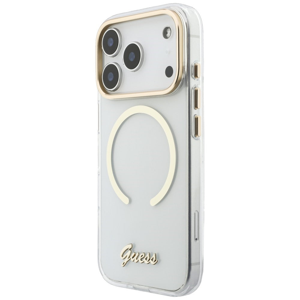 Guess iPhone 18 Pro / iPhone 17 Pro - Σκληρή Θήκη με Πλαίσιο Σιλικόνης και MagSafe - IML Script Metal - Clear