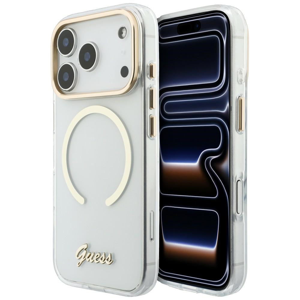 Guess iPhone 18 Pro Max / iPhone 17 Pro Max - Σκληρή Θήκη με Πλαίσιο Σιλικόνης και MagSafe - IML Script Metal - Clear
