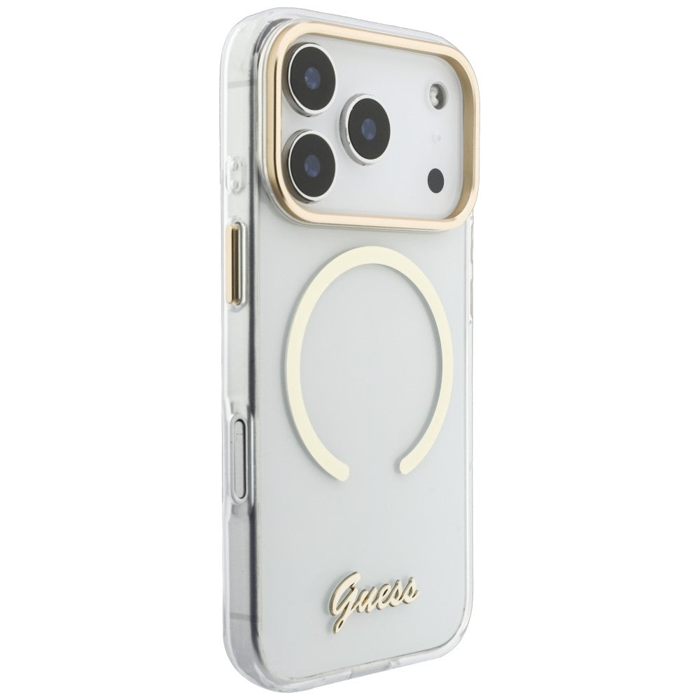 Guess iPhone 18 Pro Max / iPhone 17 Pro Max - Σκληρή Θήκη με Πλαίσιο Σιλικόνης και MagSafe - IML Script Metal - Clear