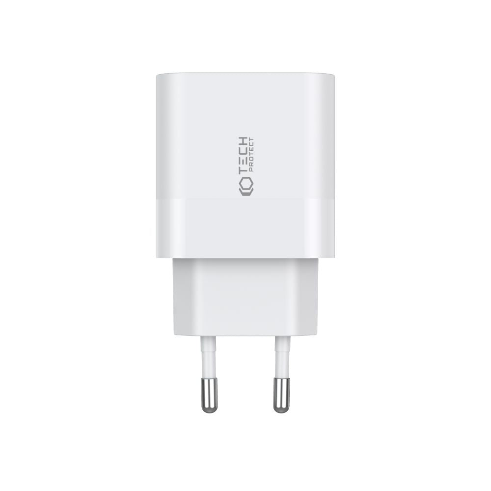 Tech - Protect C20W PD20W Οικιακός Φορτιστής Γρήγορης Φόρτισης με 2 Θύρες Type - C και Καλώδιο Type - C to Lightning - White